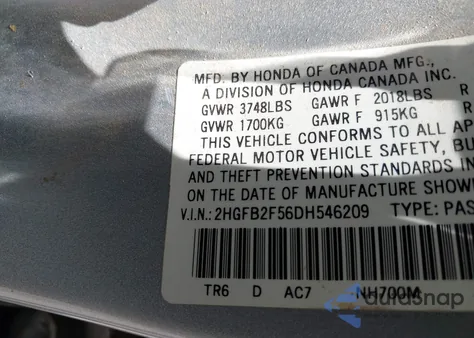 2013 Honda Civic Lx из США, поврежденный, VIN 2HGFB2F56DH546209